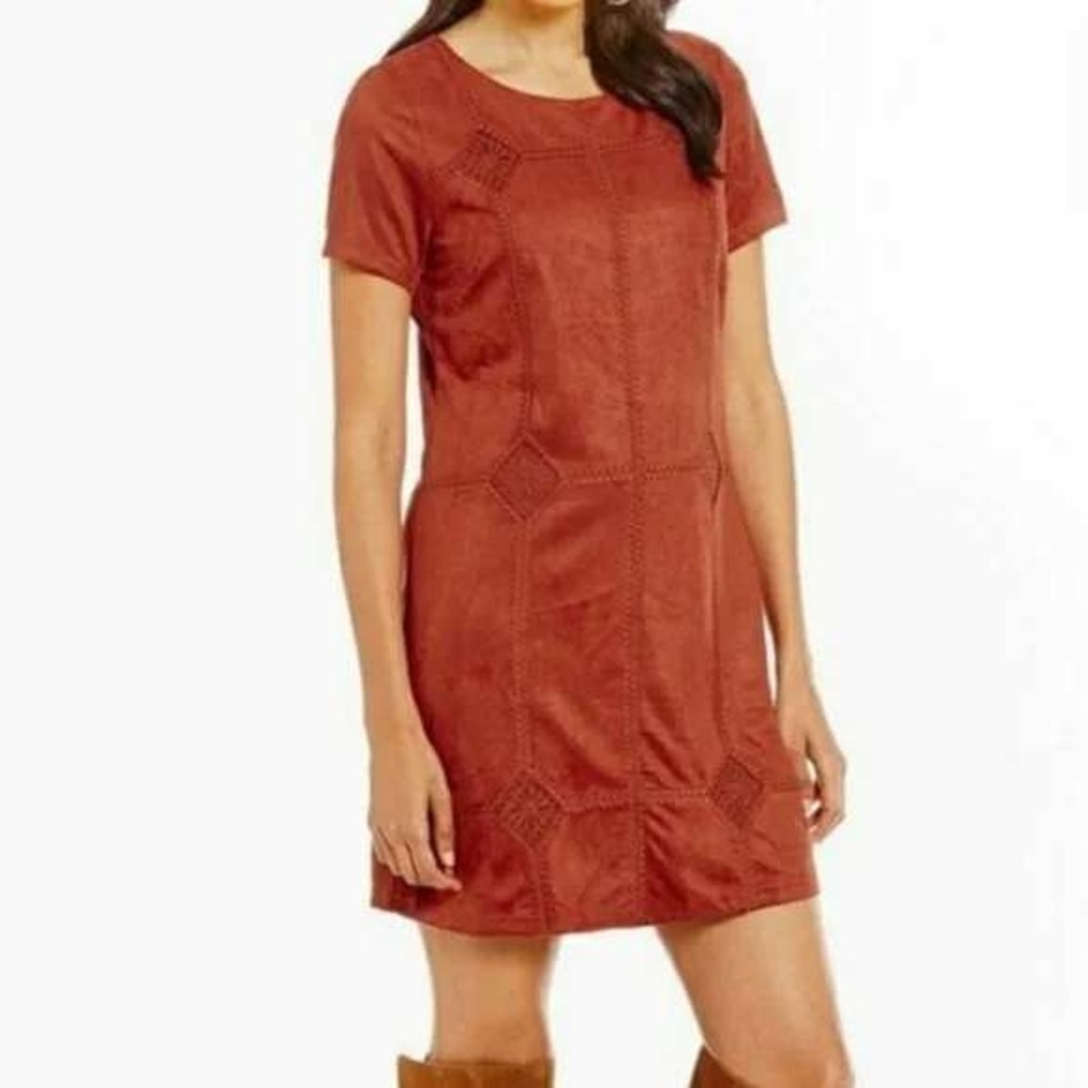 Skies Are Blue Rust Red Faux Suede Crochet Lace Mini Dress Cutout Back 93950DL M